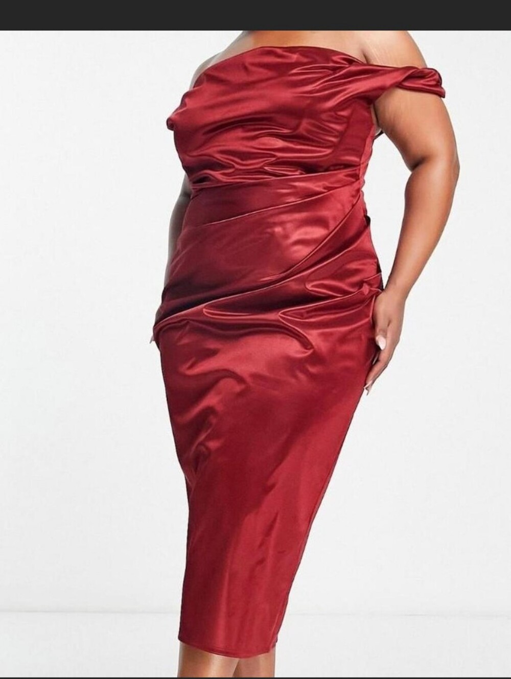 ASOS Off-Shoulder Satin Midi Dress in Burgundy